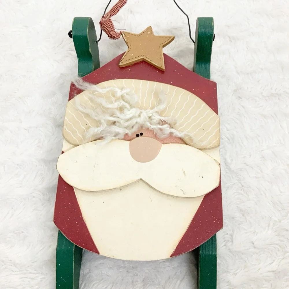 Vintage Wood Hand Painted Santa Face Sled Christmas Decor Wall Hanging